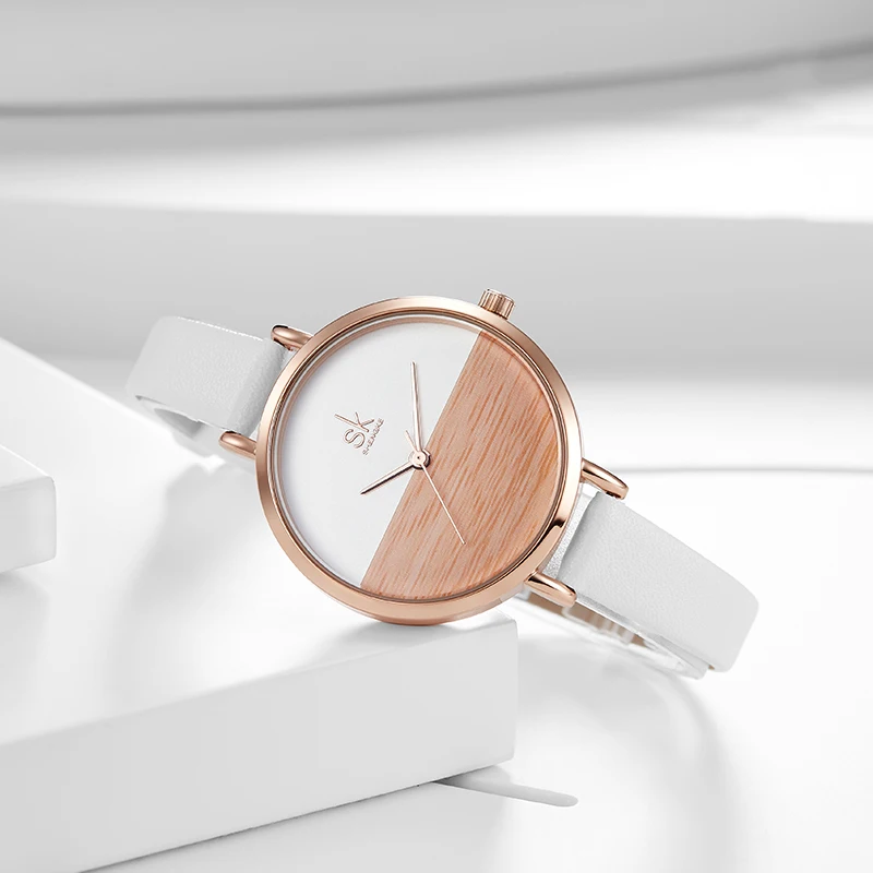 SHENGKE White Leather Alloy Rose Gold Case Watch K8036 Wooden Imitate Dial Unique Design Fashional Women Watch for Lady