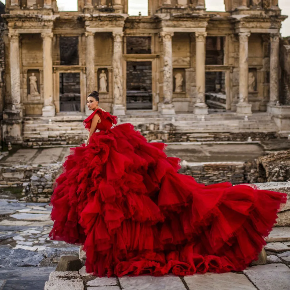 Роскошное французское свадебное платье с королевским поездом Vestido de novia элегантное поясом красный Тюль торт для свадебной фабрики Сучжоу