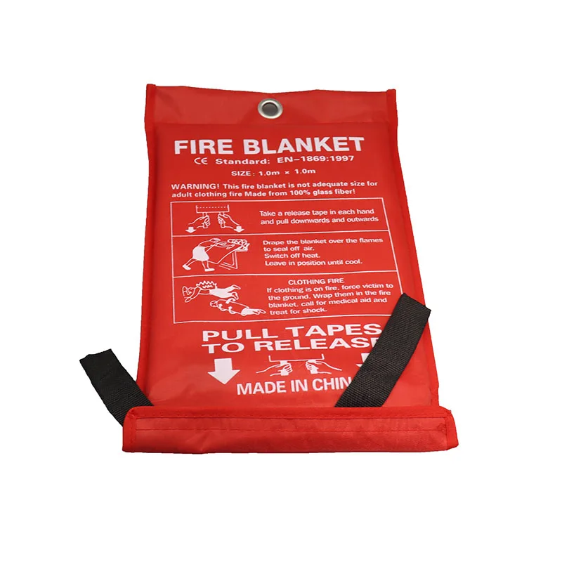 Fire Extinguish Equipment Fireproof Fiberglass Emergency Fire Blanket With Red Bag 1Mx1M