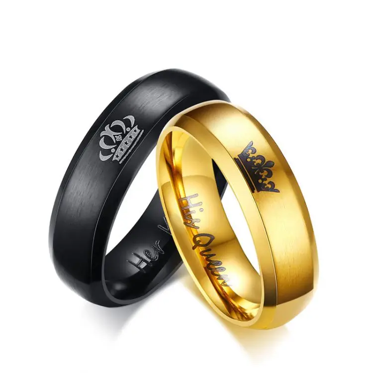 Extra large black gold-plated queen crown for couples engagement fashion stainless steel wedding rings for men