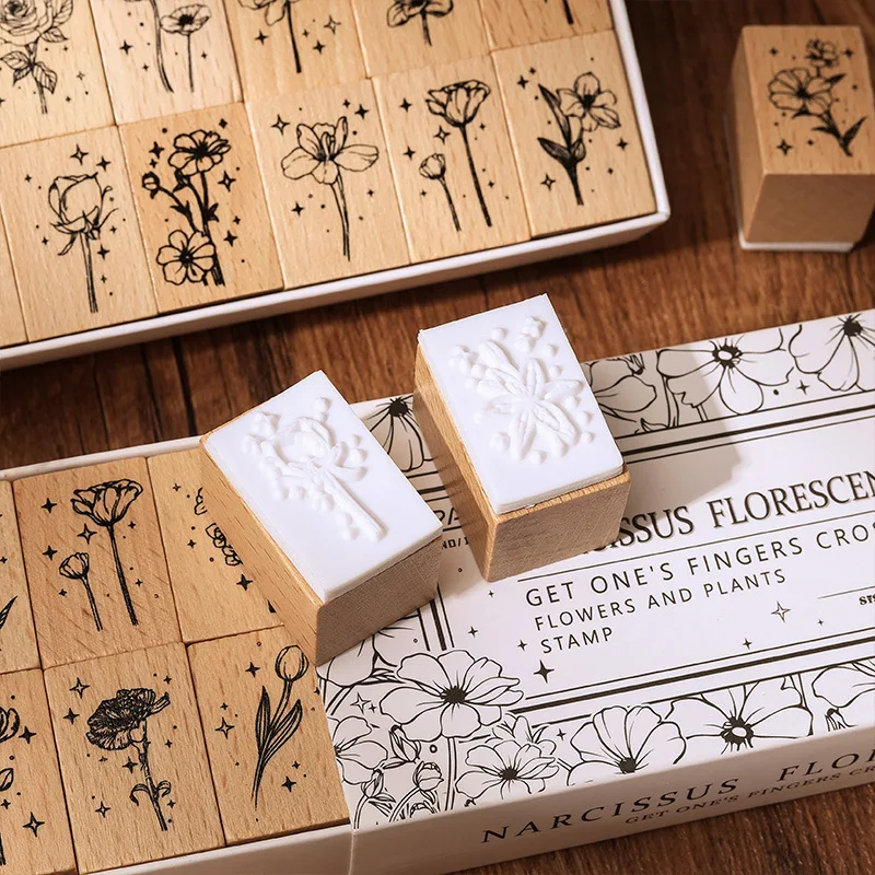 Wholesale creative retro plant flower rubber diary DIY decorative printing floral wooden stamp seal set