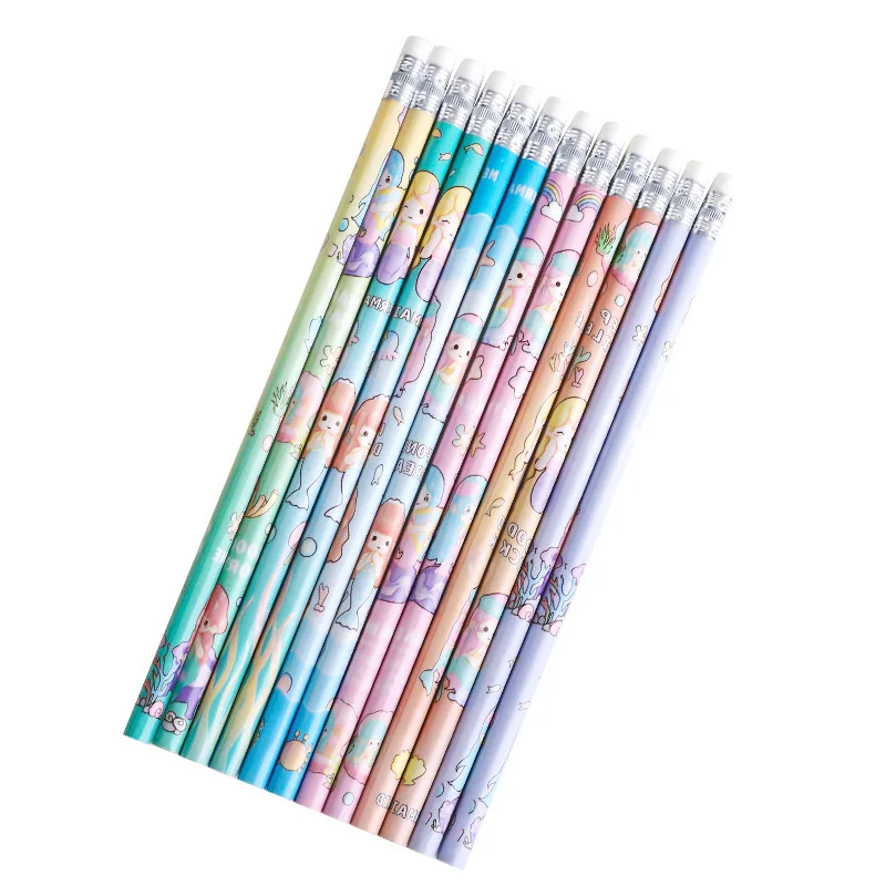 Promotional Mermaid Pattern Pencil Custom Printed Pencil HB Wooden Pencil with Eraser Set