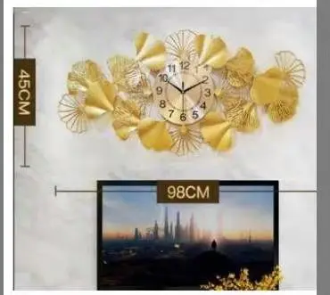 Wall Clock Gold Ginkgo Biloba Flower Retro Home Living Decor Metal Art