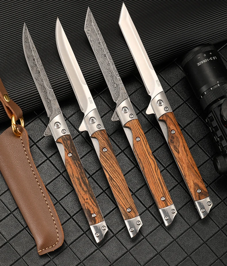 Free Sample Factoryd Price Damascus Pattern Blade Outdoor Folding Pocket Hunting Camping Survival Knife With Leather Case