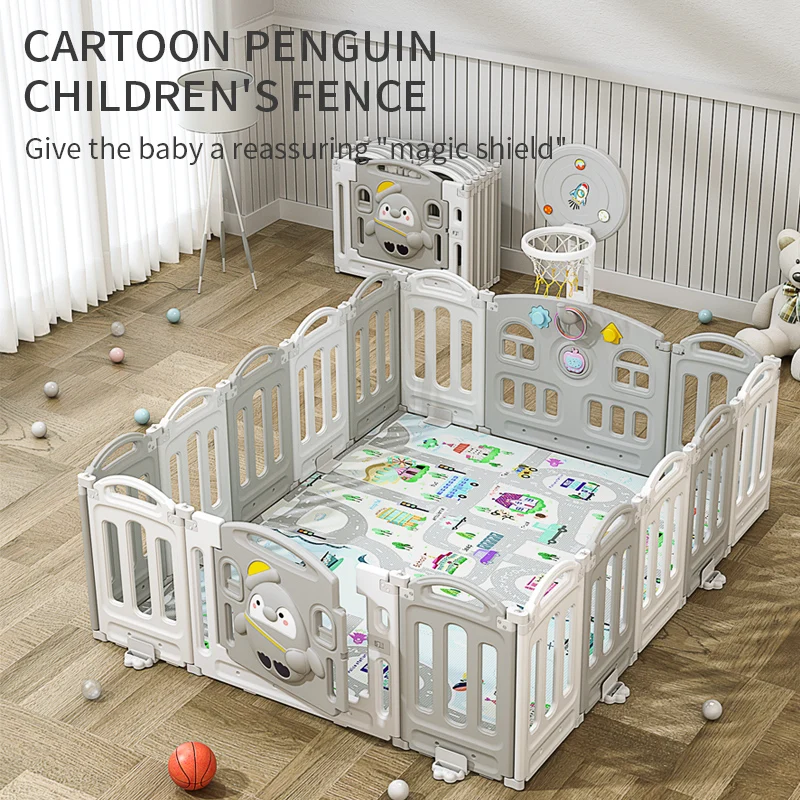 Penguin grey and white plastic foldable safe playgrounds, indoor playpens for babies and children, kid playpen
