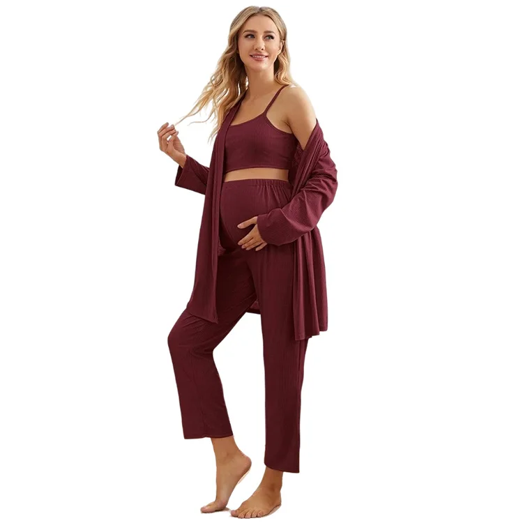 Maternity Nursing 3 Pack Solid Rib-knit Button Robe Set Pregnant Women Pajama Set