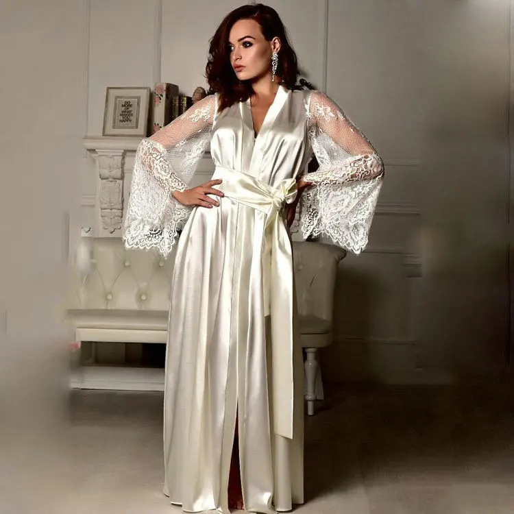 Qushine Long  Elegant Lace Bridesmaid Robes Women Silk Satin Bridal Wedding Bride Kimono Dress