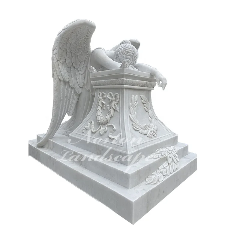 Outdoor Large Stone Angel Statue White Marble Weeping Angel Headstone And Tombstone For Grave