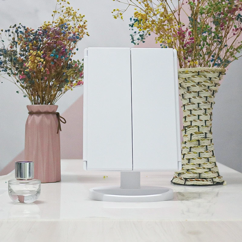 Espejos Con Luz Modern Custom 360 Foldable Room 3 Way Table Cosmetic Led Light Make Up Vanity Makeup Mirror With Led Lights