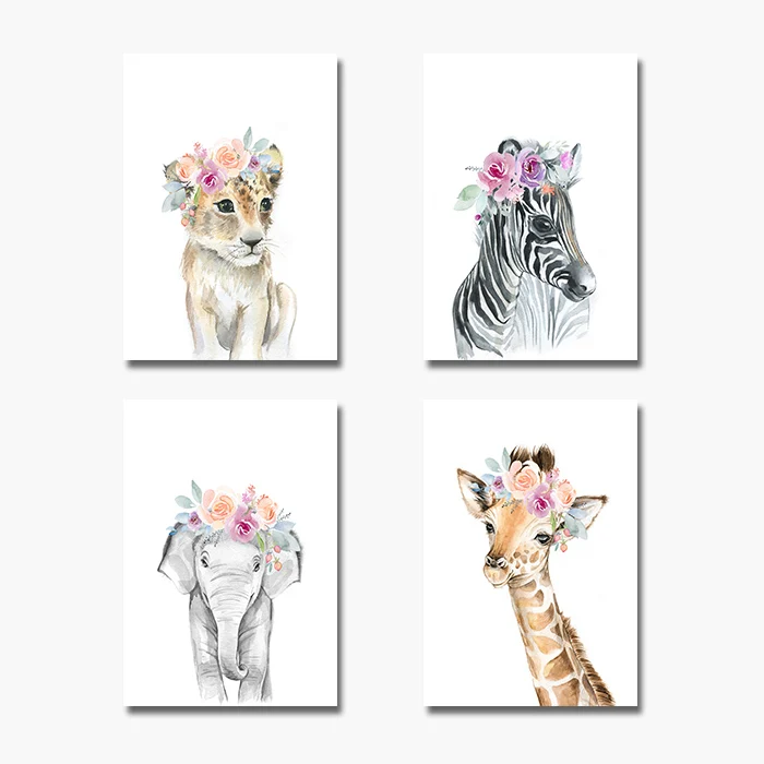 Painting Wall Pictures Kids Baby Bedroom Decor Flower Animal Canvas Poster Lion Zebra Elephant Giraffe Nursery Wall Art Print