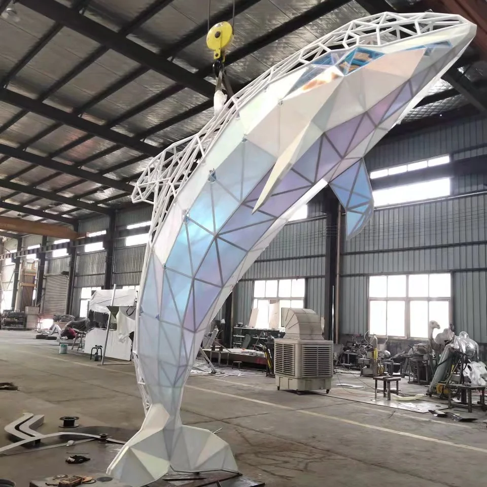 Contemporary metal artificial white whale welding outdoor yard statue landscape display stainless steel garden art sculpture