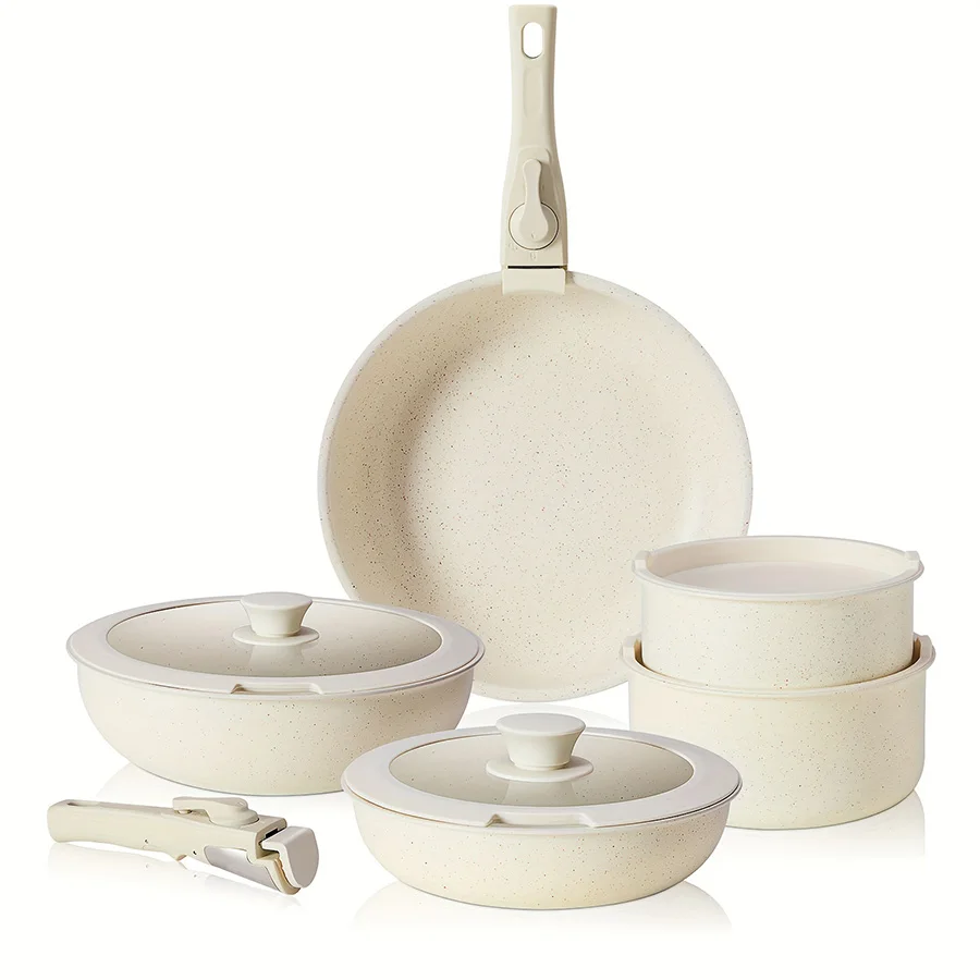 Wholesale Beige Granite Nonstick die-cast aluminium Cookware Sets 11pcs with Removable Handle