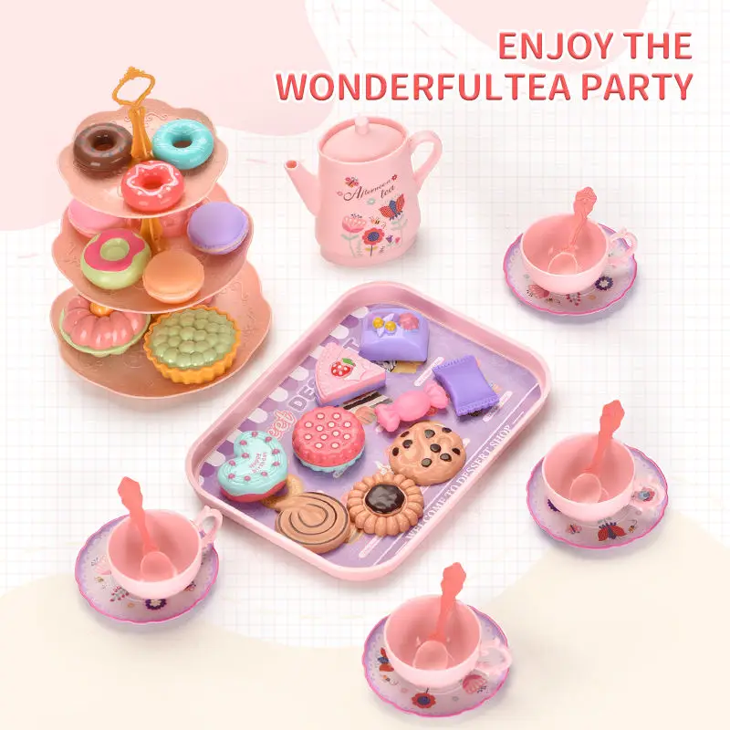 2024 Bemay Toys Kids Tea Set for Little Girls Pink Tin Tea Party Set Afternoon Tea Time Play Set