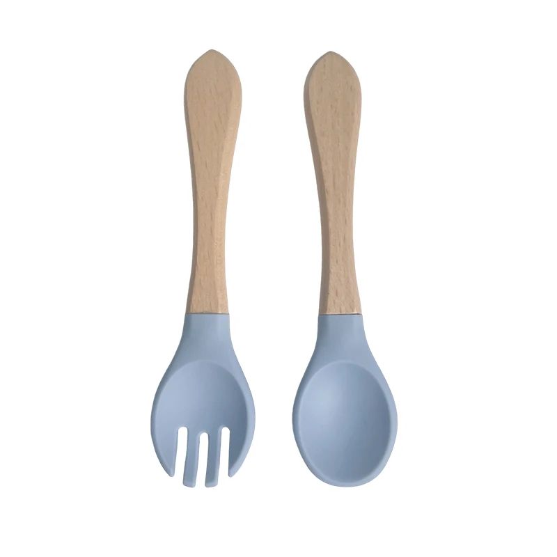 High quality kids Safety Non-toxic Food Grade Bamboo Wooden Kids Handle Baby Feeding Silicone Fork And Spoon Set
