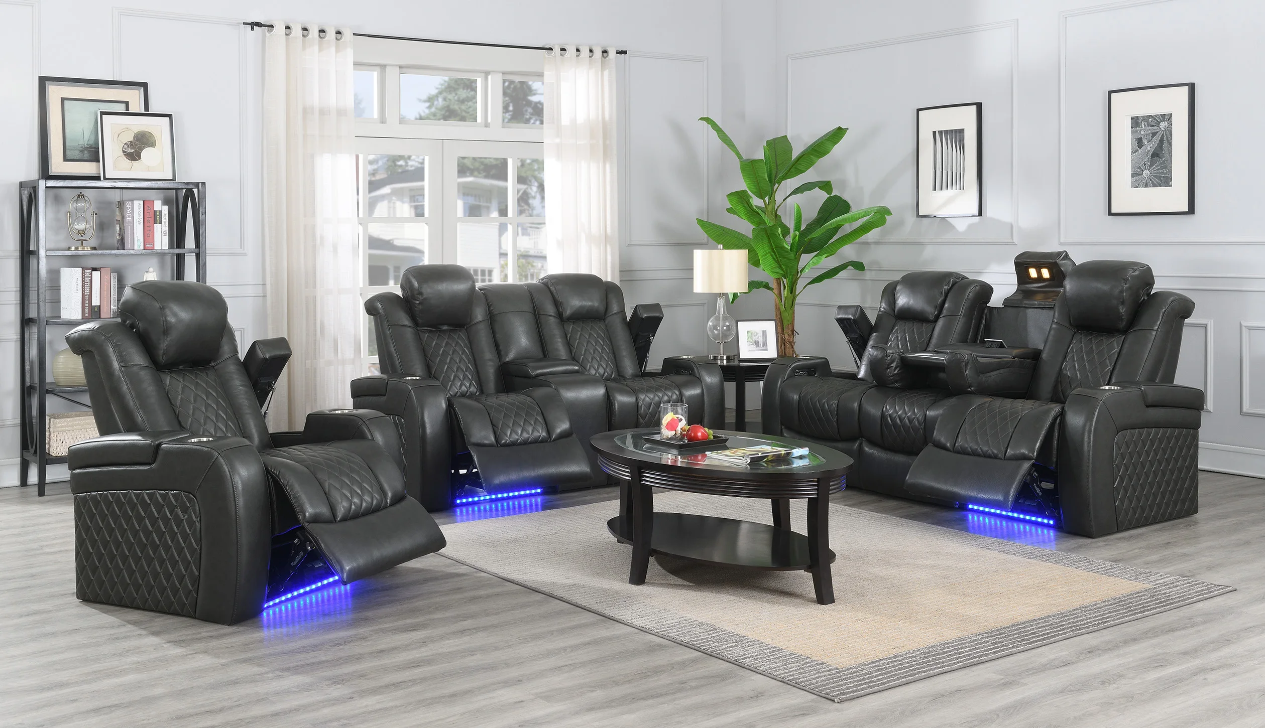Functional genuine Leather 1+2+3 electric recliner sofa set with LED USB and console