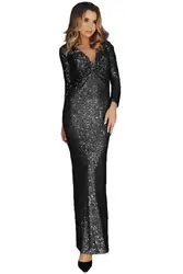 Women Sequined V-neck Dress Ladies Long Sleeve V Neck Twist Ruched Sequin Party Maxi Dress