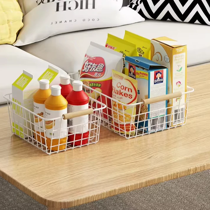 GREENSIDE Simple Portable Multipurpose Iron Other Storage Baskets with Wooden Handle