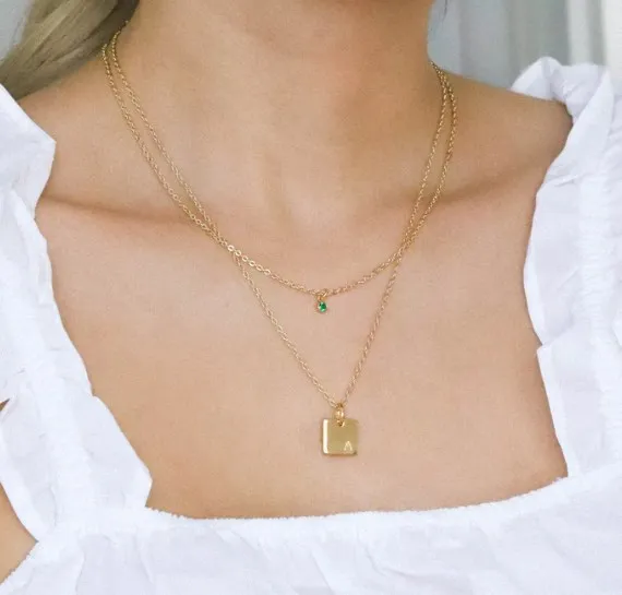 Wholesale Custom Logo Pendant Stainless Steel 18K Gold Plated Simple Trend Initial Letter Engraved Square Pendant Necklace