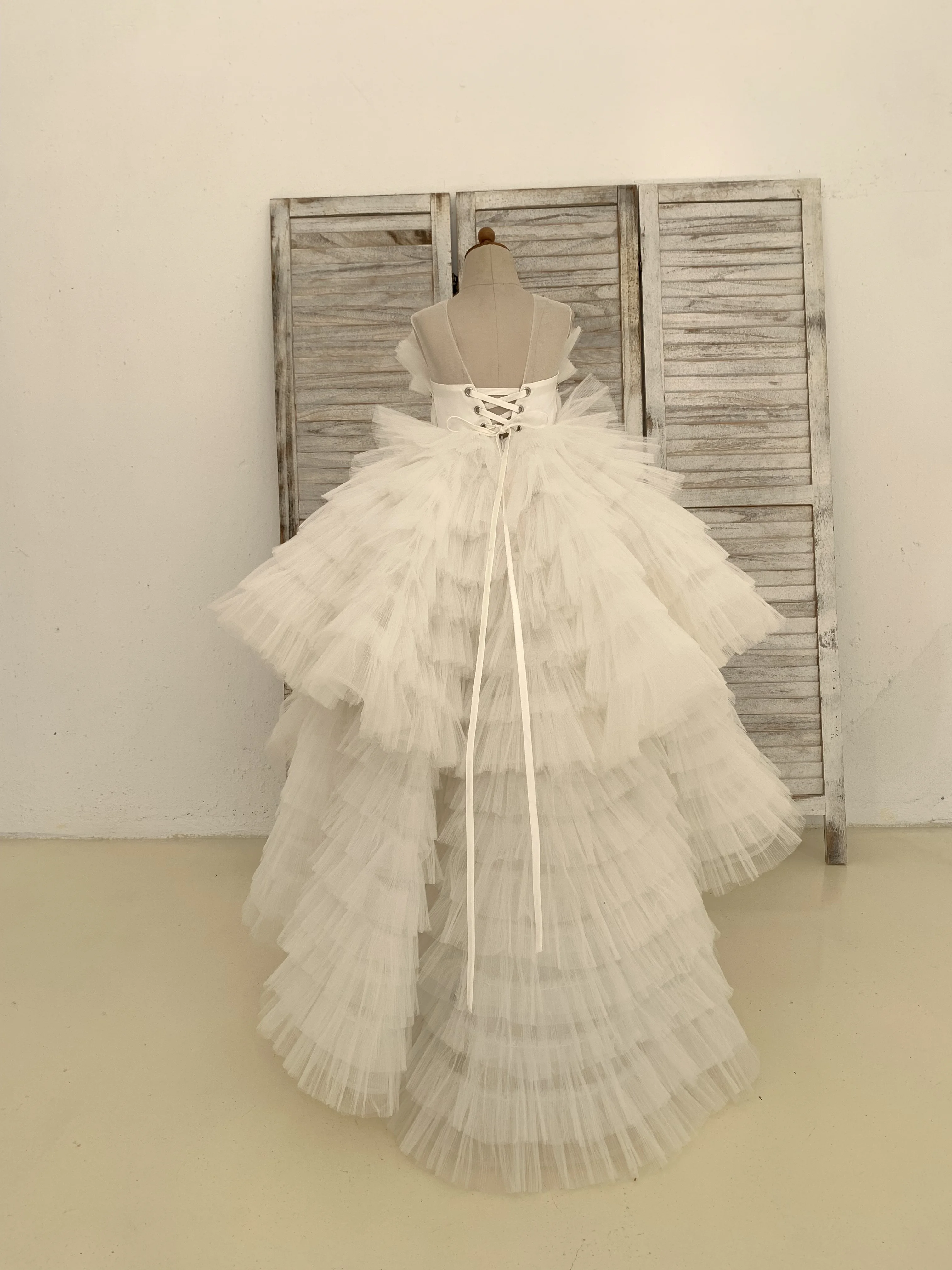 Hi Low Ivory Tulle Wedding Flower Girl Dress Kids Party Dress Princess Birthday Couture Dress