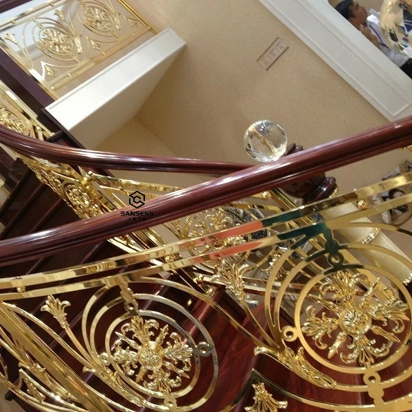 Luxury resort villa mirror gold aluminium curved stairs railing spiral staircase balustrades & handrails design