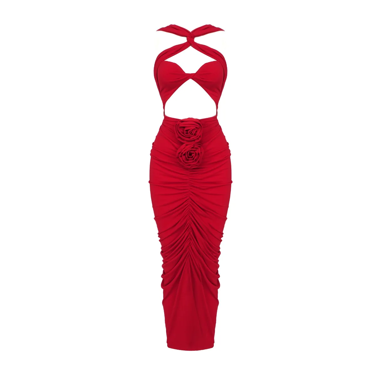 A7559 Western Style Red Women Midi Prom Dress Cutout Pleated Sexy Women Party Dress