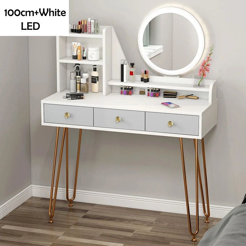 Dressing Table With Touch Screen Led Mirror  Metal Table Legs Multi-Level Shelf Dresser White Vanity Table Home Furniture