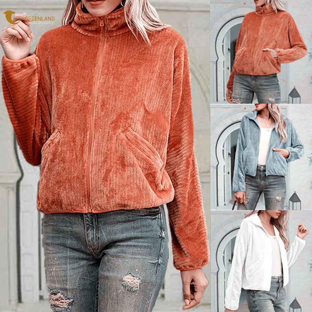 Wholesale Winter Warm Fleece Jacket For Women Custom 100% Polyester Coral Fleece Jackets Zip-up Womens Long Sleeve SweatShirts