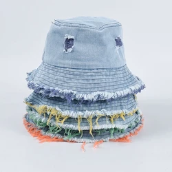 Wholesale Ladies Bucket cap and hat Fashion For Womans Two Colour Frayed Brim Worn Out Design Cool Denim Jeans Bucket Hat