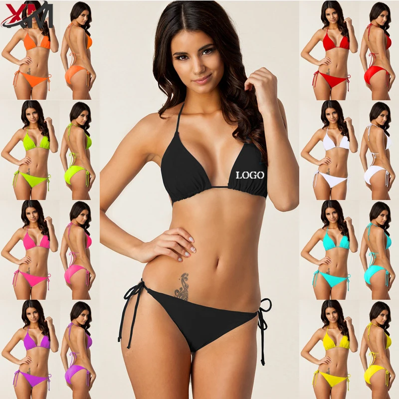 Manufacturer Wholesale Sexy Girls Swimwear Beachwear Custom Logo Split Body Backless String Hanging Mini Printing Neck Bikinis