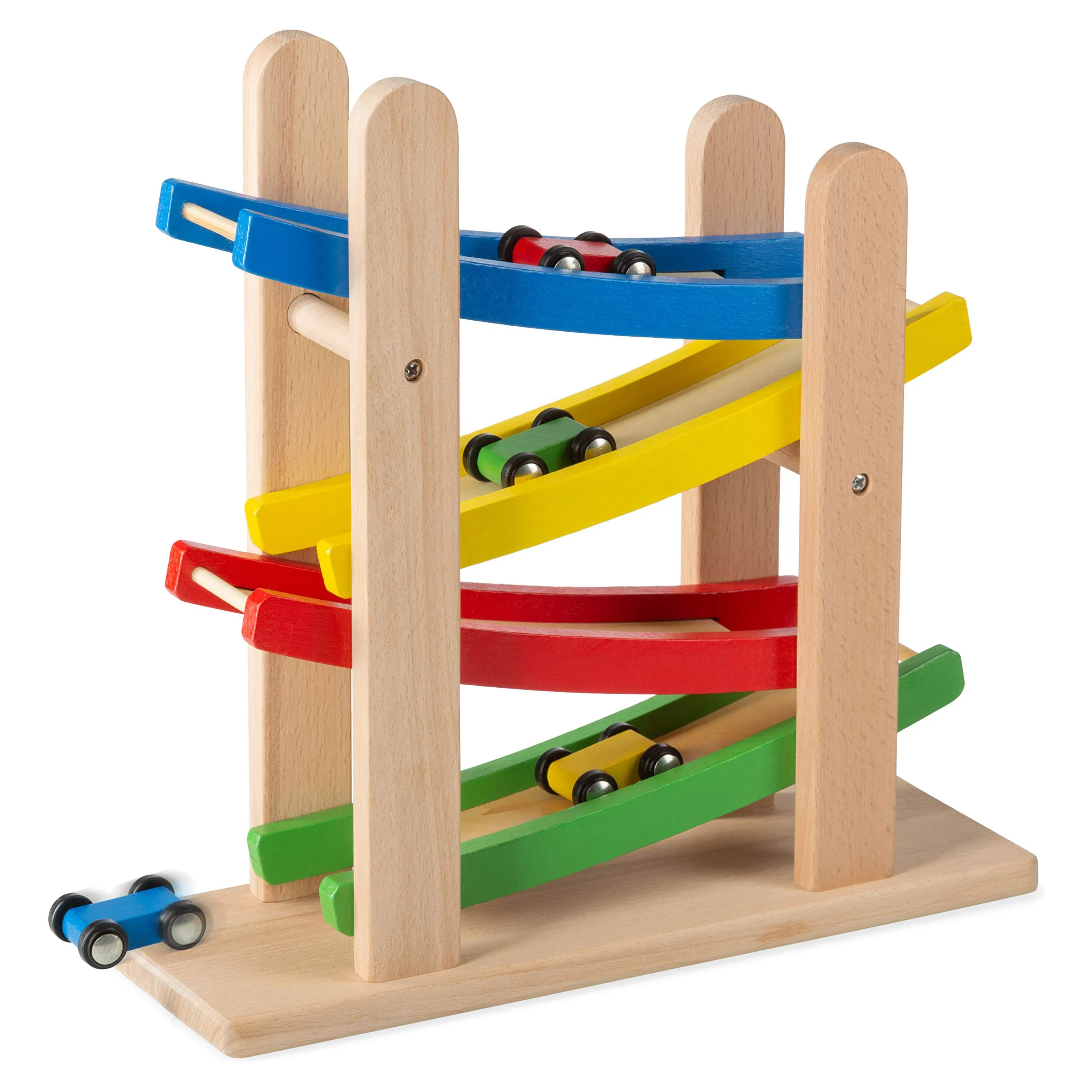 Wooden Car Ramps Race for Kids Toddler Ramp Racer Set with 4 Mini Cars Wooden Race Track Car Montessori Toy for 1-3 Years