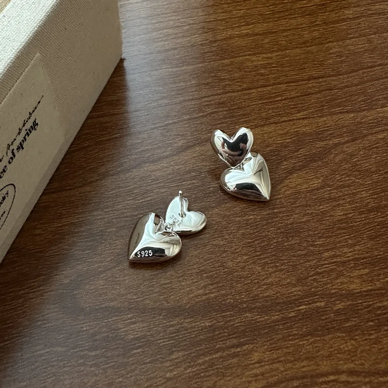 S925 Sterling Silver Korean Style Heart Earrings Heavy Industry Simple Love Studs