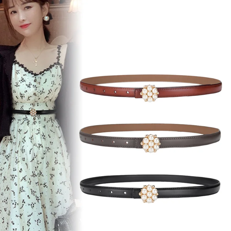 Factory Sales 18 Colors Thin Women Reversible Cowhide Belt with Pearl Buckle