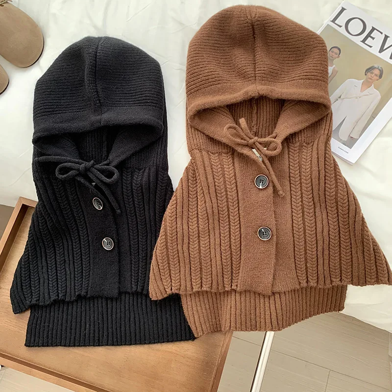 New Winter Windproof Hooded Scarf Hat Balaclava Beanie Neck Protect Cap Solid Plain Crochet Shawl Pullover Knitted Hat for Women