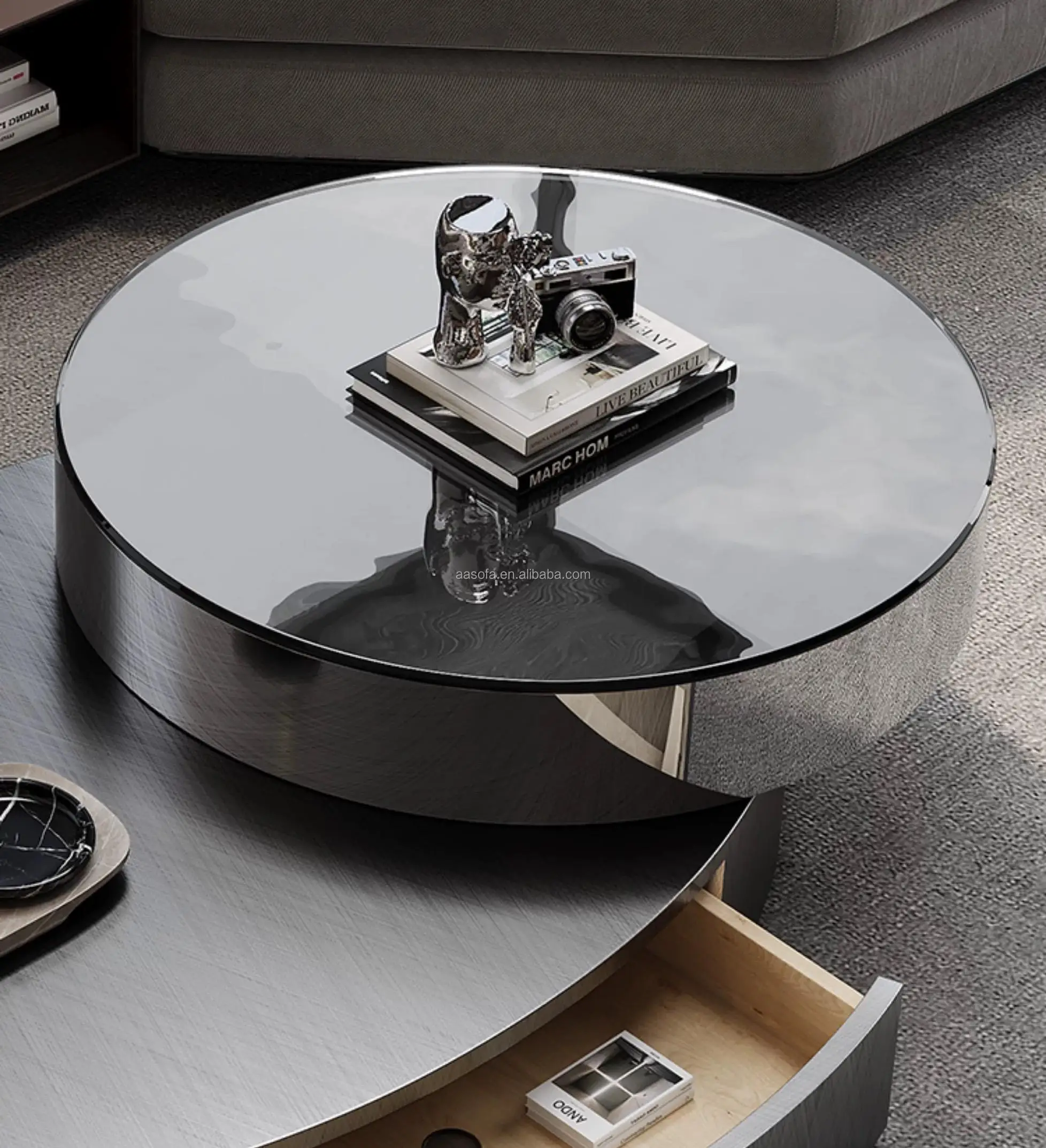 Latest cool round wheel rotating coffee table  in the living room portable swivel sliding clear glass center table with drawer