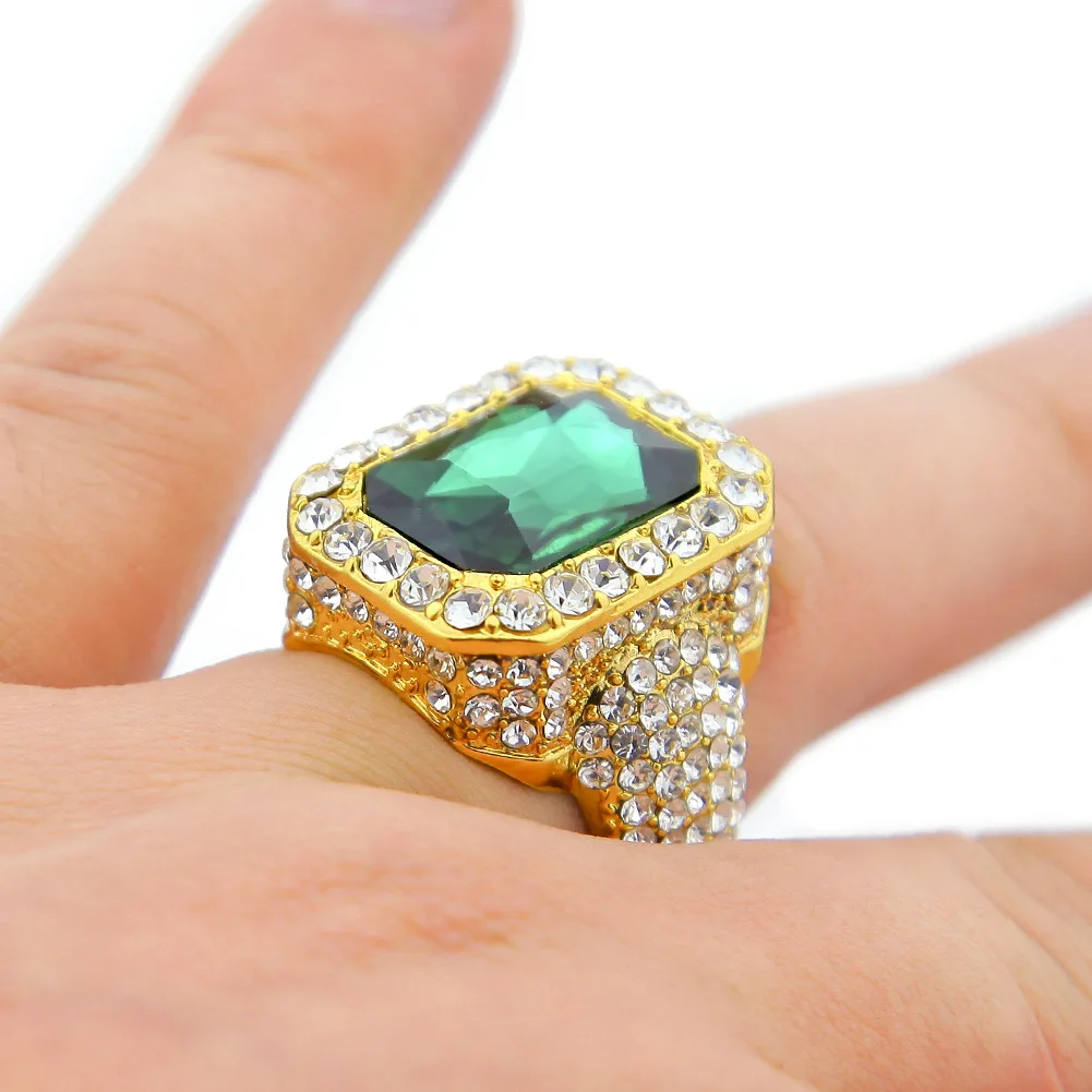 Iced Out Hip Hop Full Diamond Rings Ruby Emerald Obsidian Sapphire Rings Silver Gold HipHop Women Mens Finger Rings