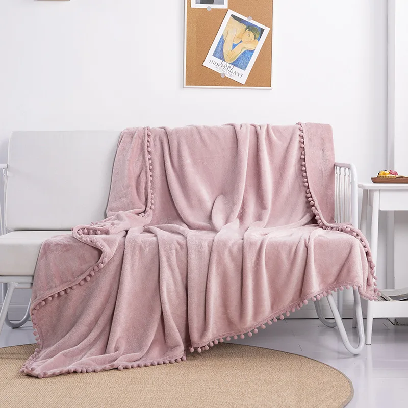 Reactive Printing and Dyeing Eco-friendly Flannel Blanket Four Seasons Super Soft Short Plush Tassel Ball INS Style Blanket