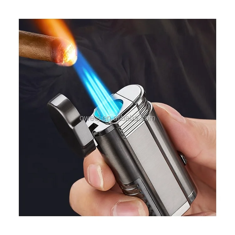 Оптовая продажа, индивидуальная надувная зажигалка с тройным пламенем, зажигалка для сигар с ножом для сигары, многоразовая Бутановая газовая зажигалка