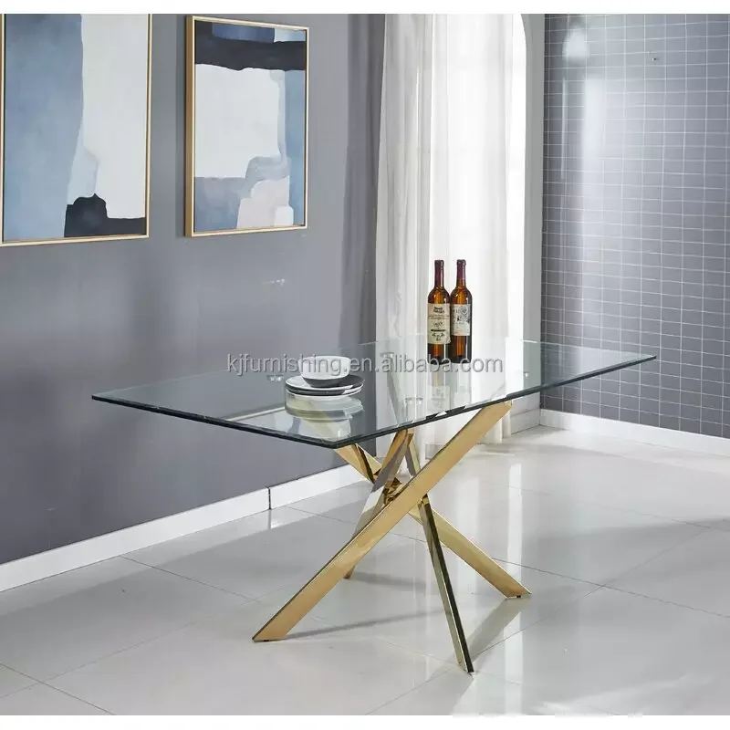 High Quality Nordic Modern Dining Table Tempered Glass Stainless Steel Leg Dining Table
