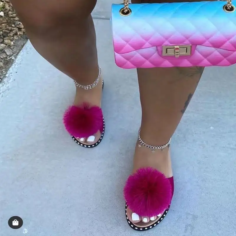  2021 Fashion Summer Flat Hair Ball Slippers Camera New Bag