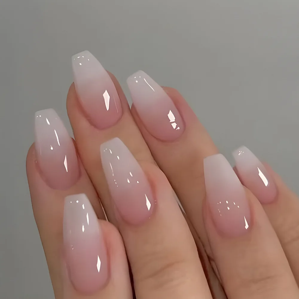Ombre French Ballerina Fake Nail Gradeint White Coffin False Nails Wholesale Nails Supplier