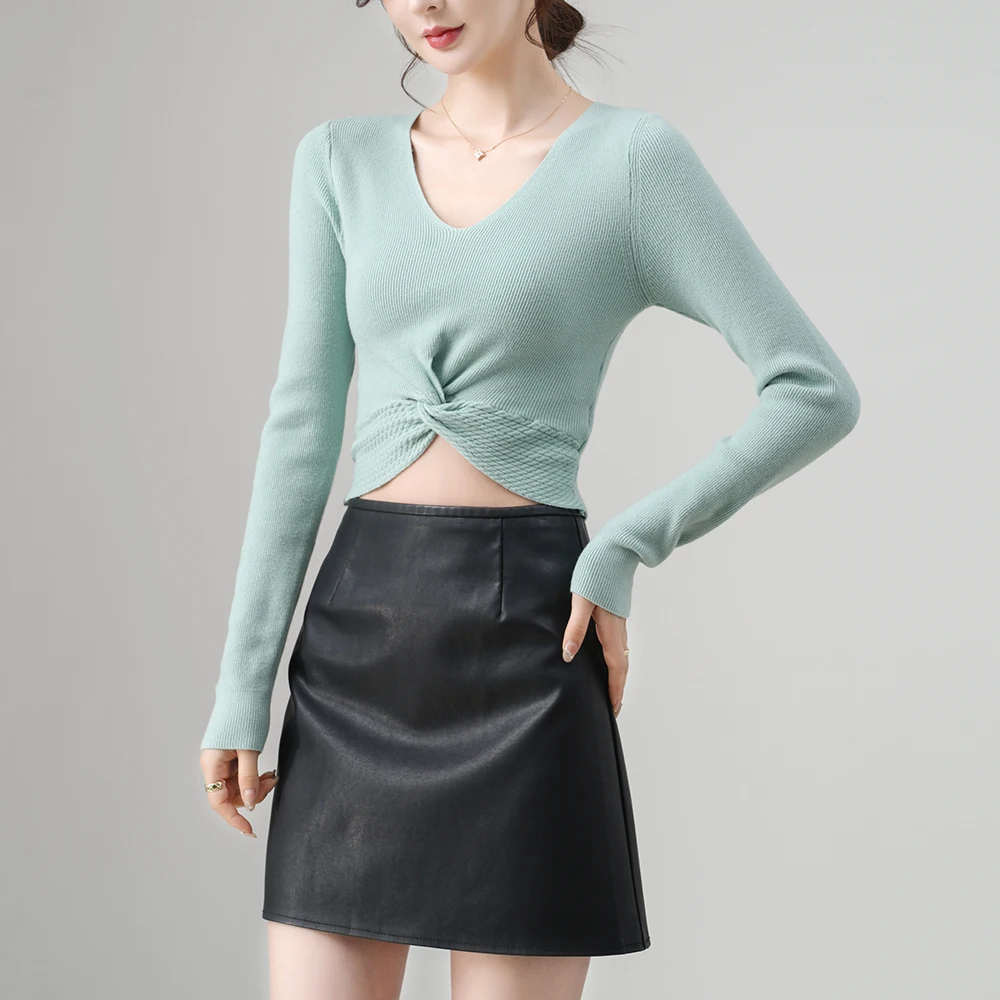 Fashion Mint Green Crop Top Femme Private Label Ribbed Elegant V Neck Kinked Knitted Top Long Sleeve Sweater Women