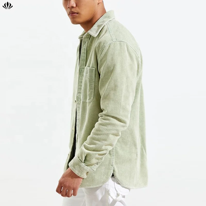 Solid Color Slightly Oversized Long Sleeves Cotton Corduroy Pointed Collar Workshirt Jacket for Men