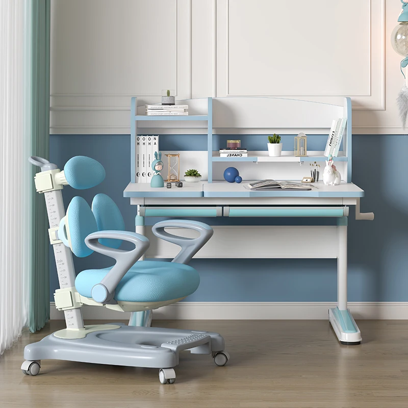 
Wood Adjustable Height Kids Study Desk with Chair Drafting Table Computer Station Built-in Bookshelf Hutch Multi Function 