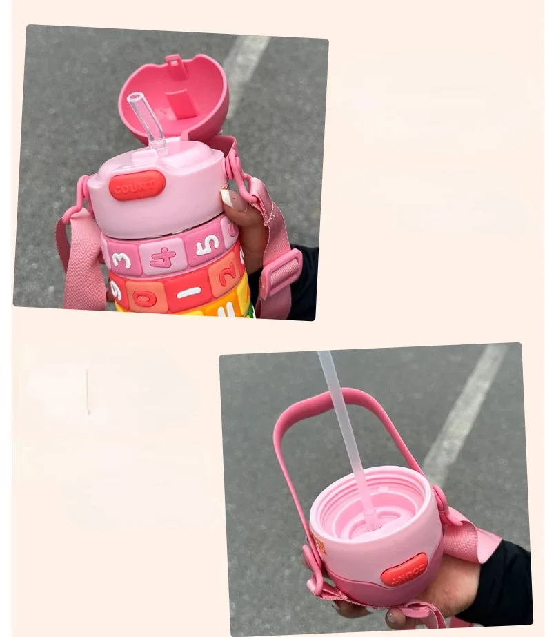 430ml Kids Stainless Steel Straw Thermos Mug With Case Cartoon Leak-Proof Vacuum Flask Children Thermal Water Bottle Thermocup
