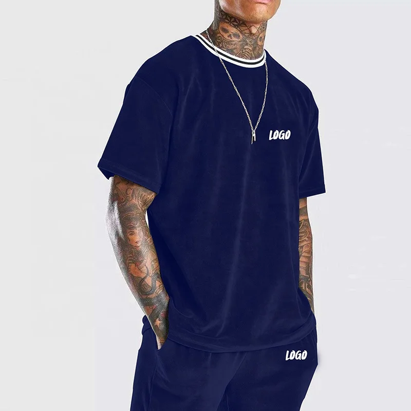 Spring summer Custom Rib crew neck Men Velvet Print Tracksuit Sweatsuit With Shorts velour tracksuit