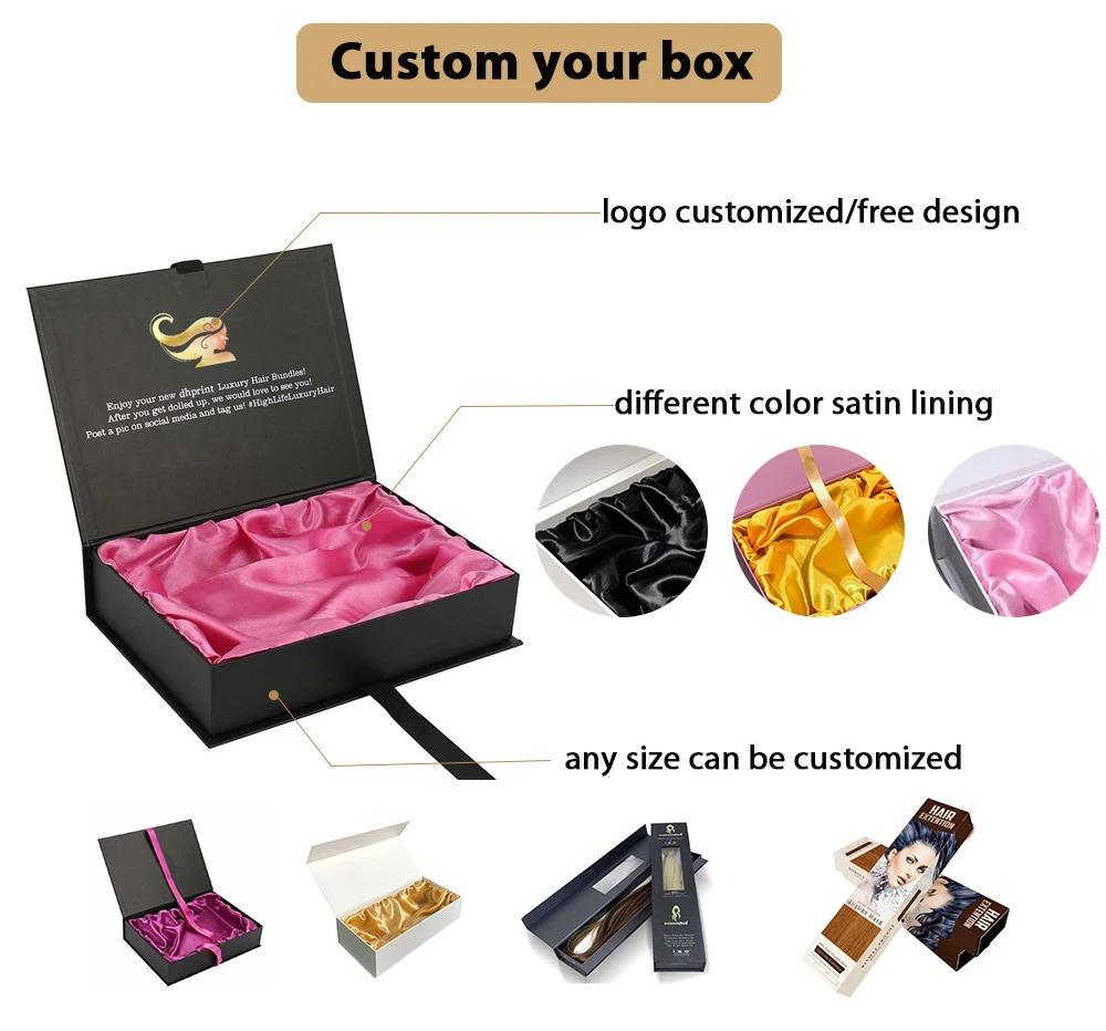 Beautiful Premium Gold Foil Stamping Logo Magnetic Closure Rigid Gift Boxes For Wig With Satin Fabric Insert