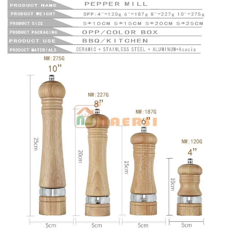 Premium 6 8 10inch oak Wood Manual Spice grinder Salt Pepper Mills sets with Acrylic visible window for home kitchen
