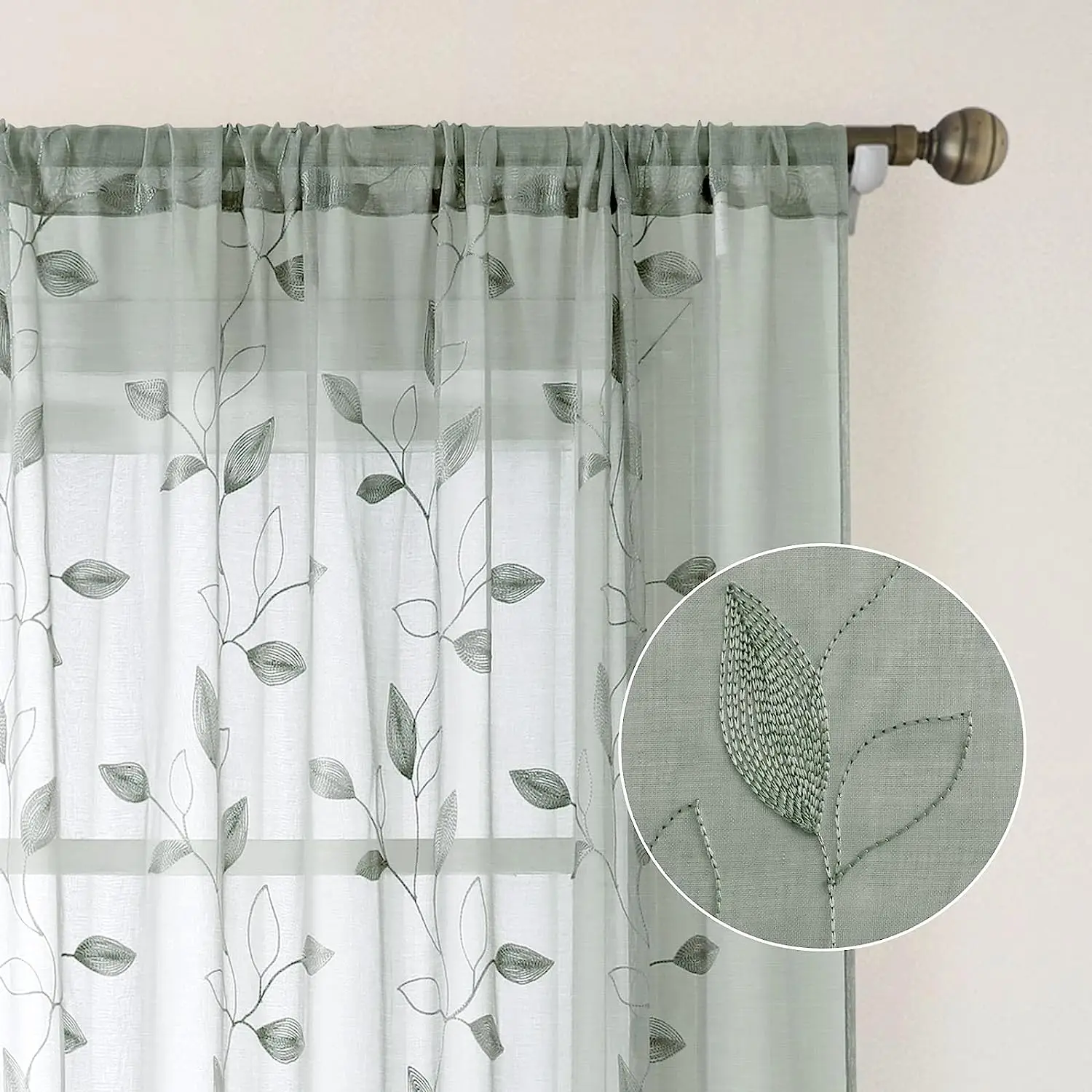Sheer Curtains Embroidered Leaf Pattern Pocket Faux Linen Floral Semi Sheer Voile Window Curtains/Drapes for Bedroom Living Room