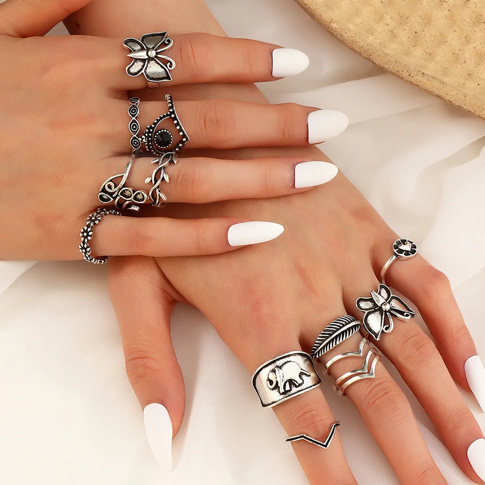 Fashion Hollow Elephant Love Butterfly Ring 14 Pieces/Set Knuckle Ring Combination Animal Ring For Women