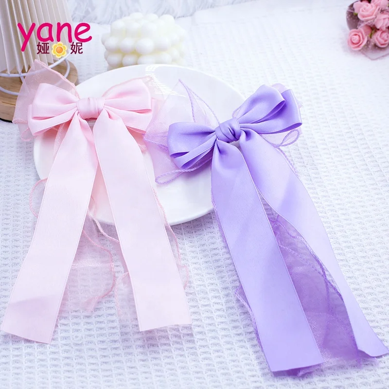 Girls long ribbon bow knot hair clip solid color double layer bowknot hair accessories